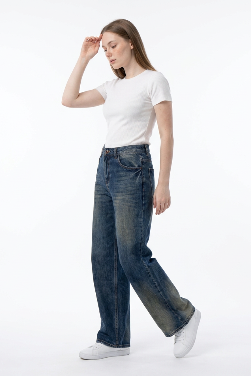 Women's 100% Cotton High Waist Wide Leg Jeans
