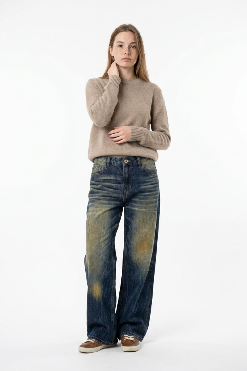 Women's Vintage Heavy Wash High Waist Straight Leg Jeans