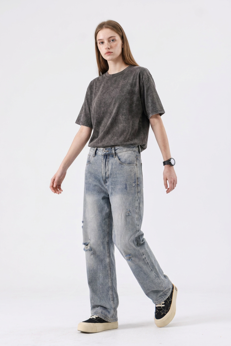 Women's High Waist Distressed Ripped Straight Jeans