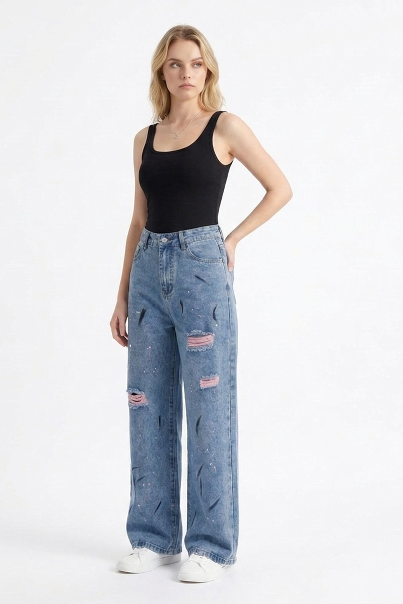Women's High Waist Graffiti Ripped Wide Leg Jeans