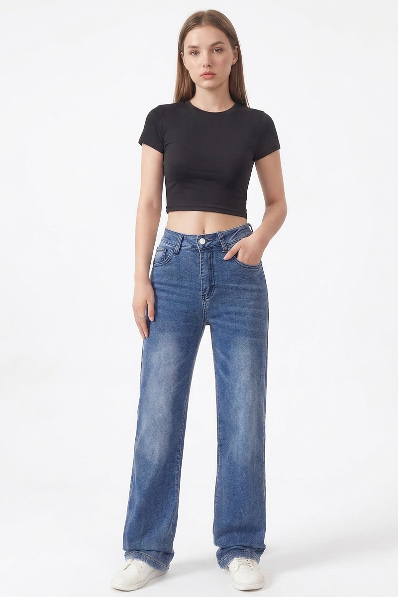 Women's Classic Blue Washed High Waist Straight Leg Jeans