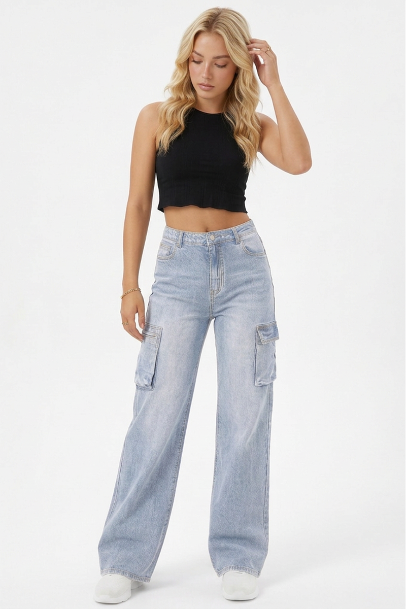 Women's High Waist Relaxed Fit Wide Leg Cargo Jeans