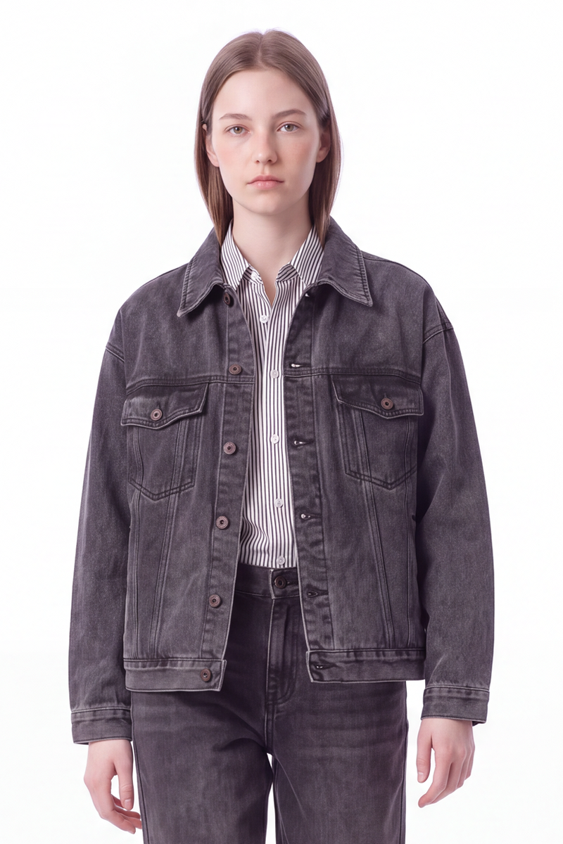 Women's Washed Black Grey Classic Denim Jacket