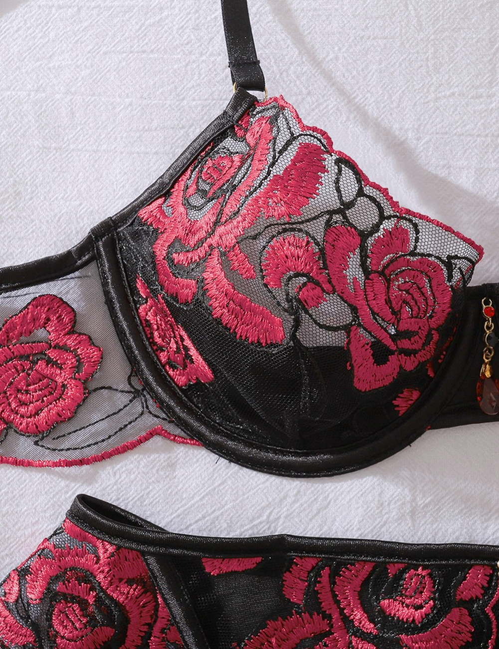 Ladies Rose Embroidered See-Through Mesh Lingerie Set