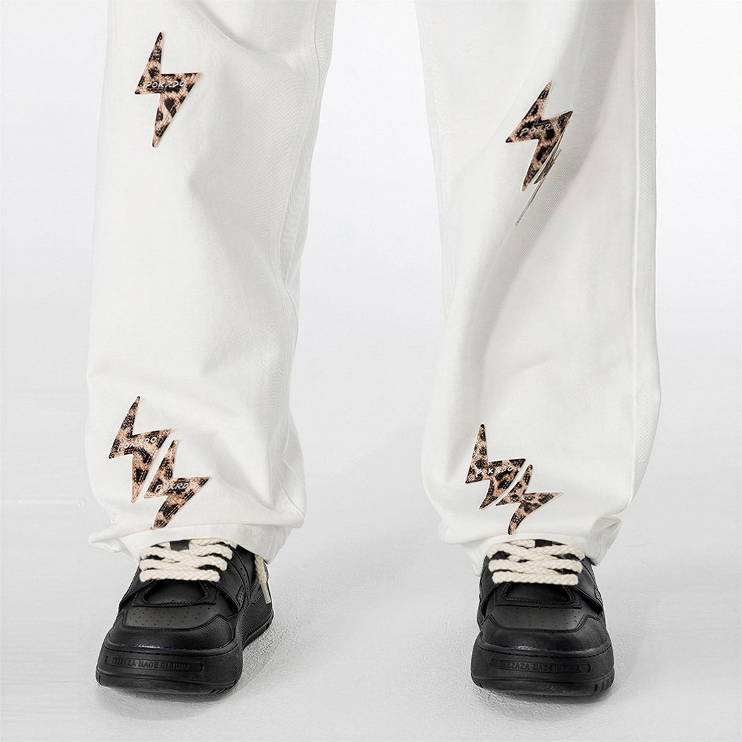 Men's Spring White Leopard Lightning Embroidery Jeans