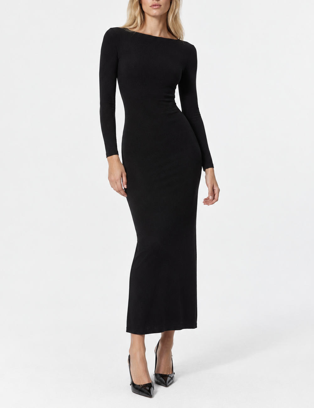 Ladies Boat Neck Ribbed Knit Bodycon Maxi Dress