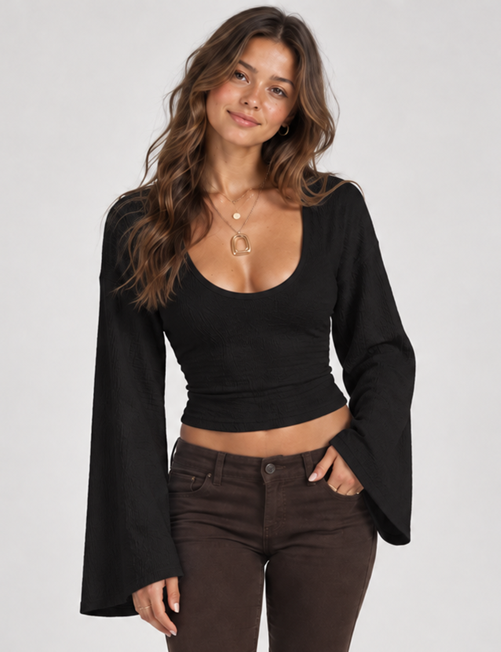 Ladies Casual Solid V-Neck Flare Sleeve Crop Top