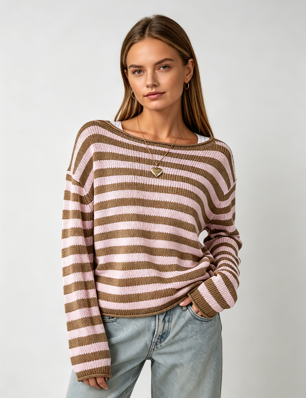 Ladies Casual Striped Knit Pullover Sweater