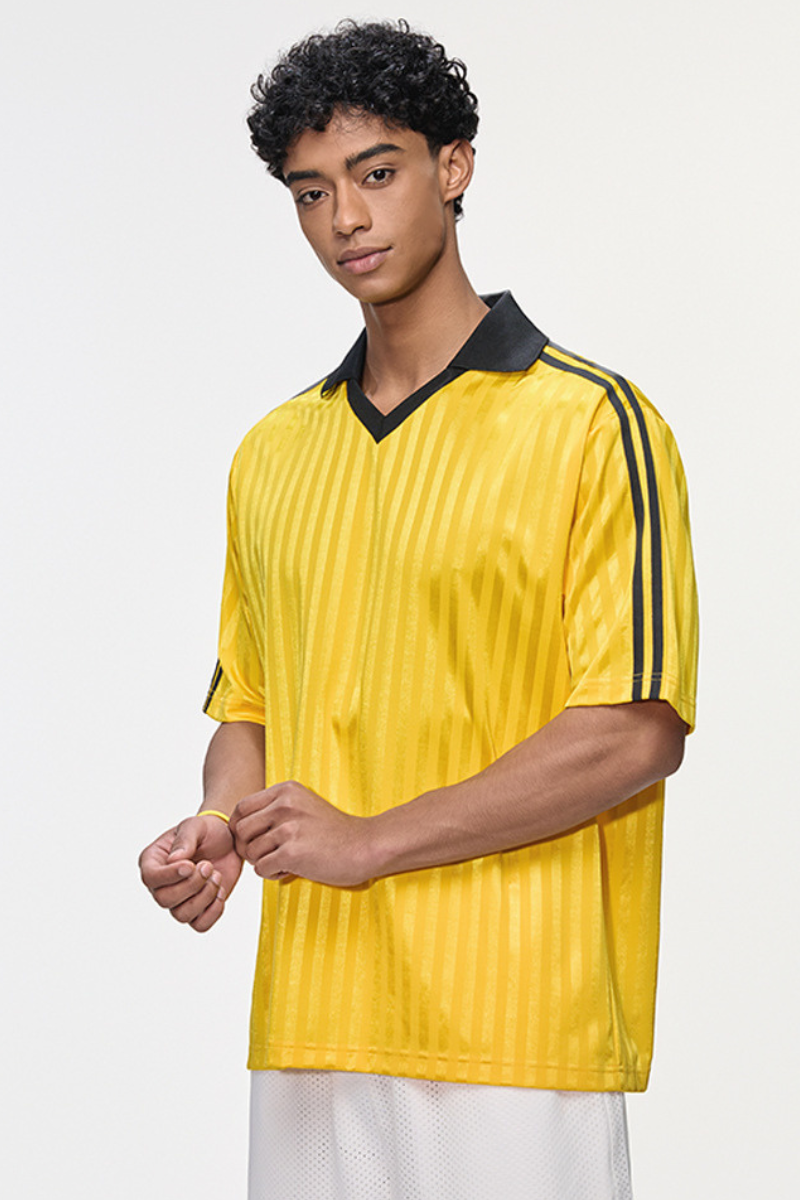 Men's Polyester Loose Fit V-Neck Patch Stripe Tee