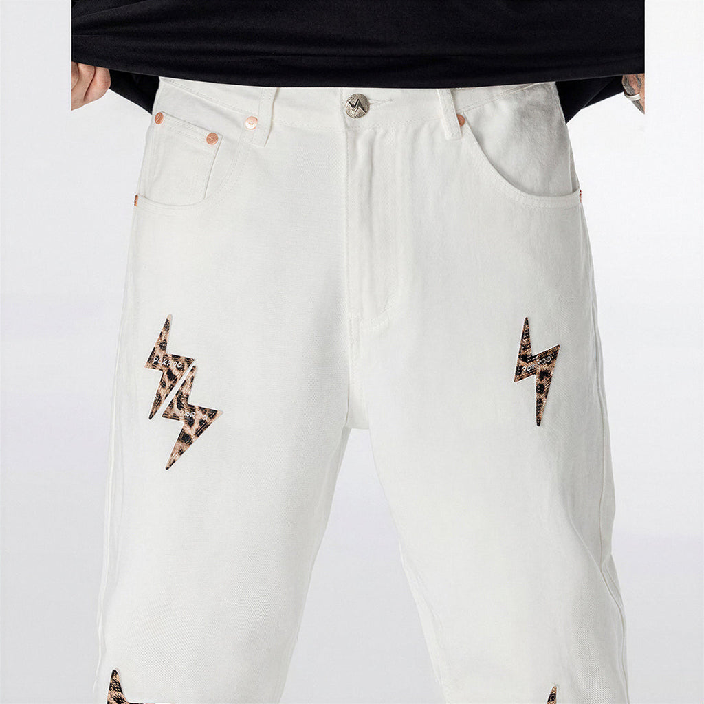 Men's Spring White Leopard Lightning Embroidery Jeans