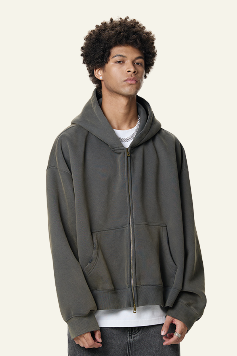 Men's Heavyweight Washed Full Zipper Hooded Jacket