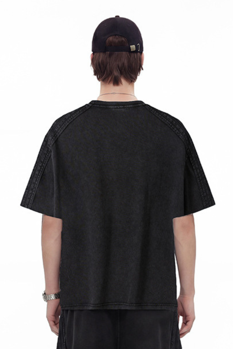 Men's 275g Cotton Washed Raw Edge Patchwork Sports Tee