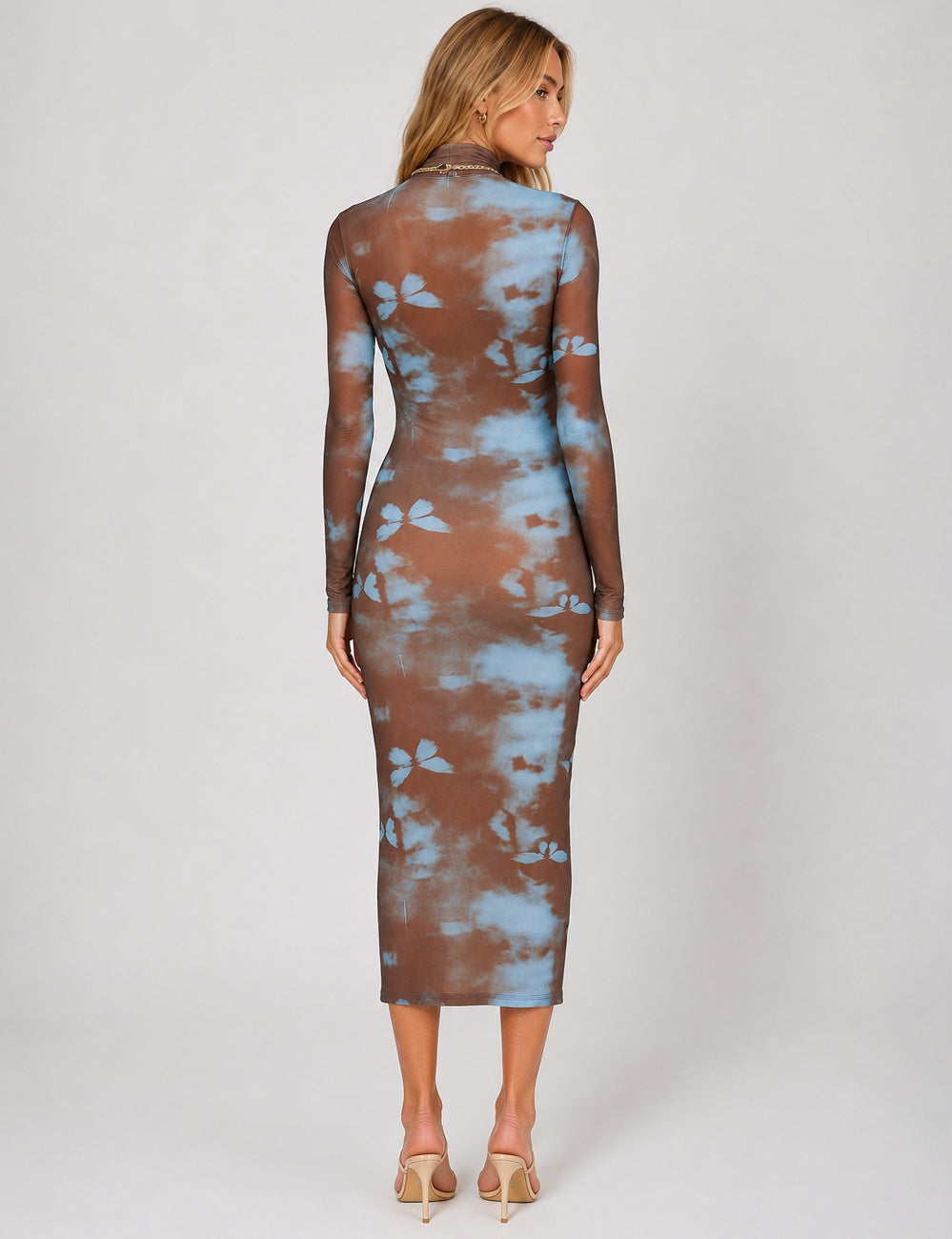 Ladies Bodycon Mock Neck Tie Dye Bow Print Midi Dress