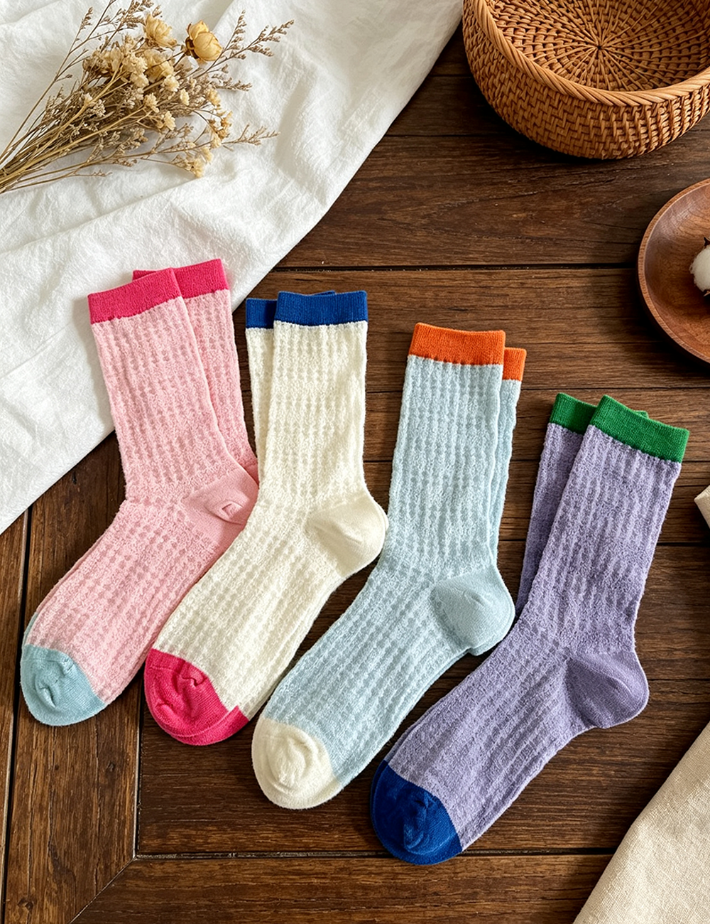 Ladies Mesh Knit Color Block Mid Calf Socks