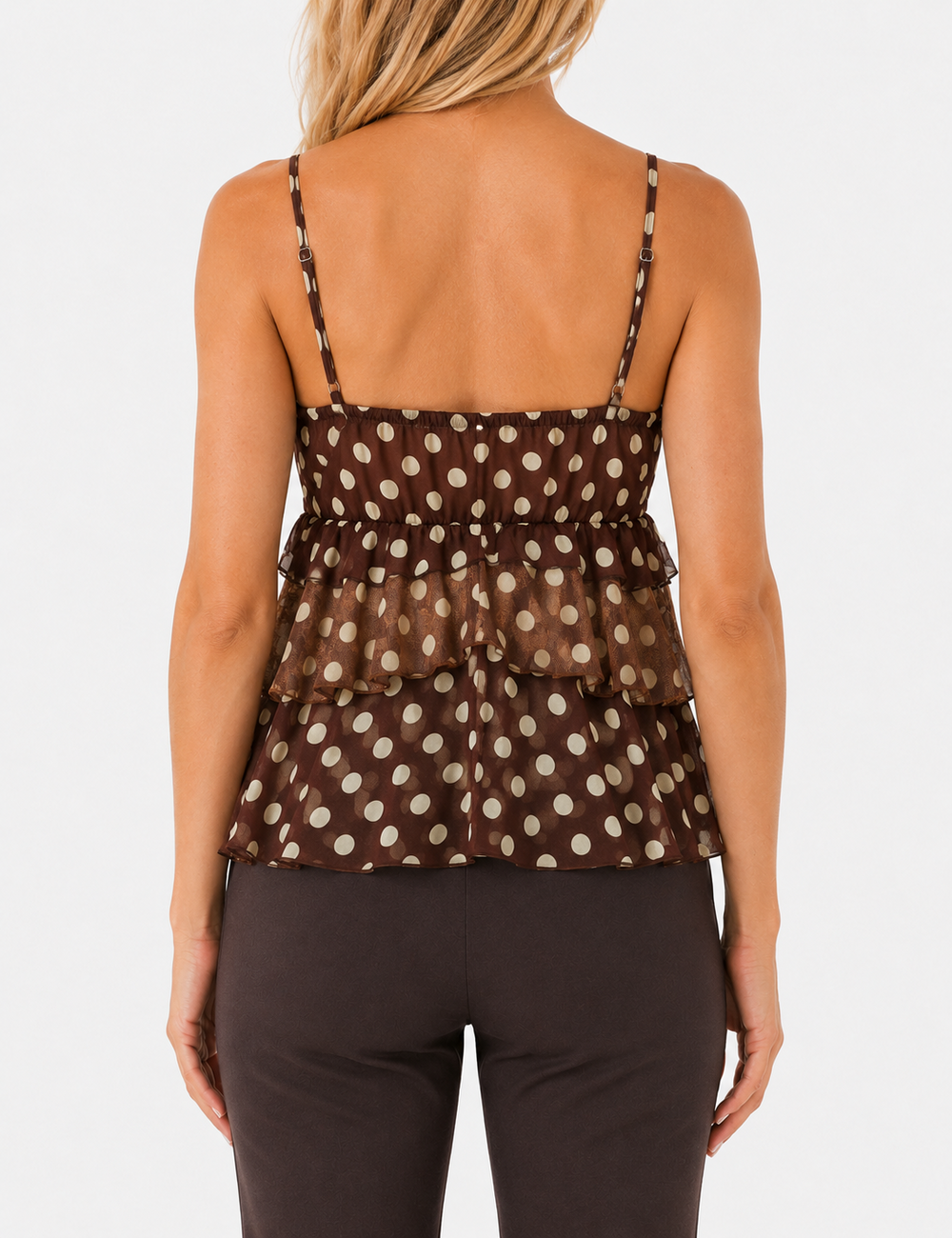 Ladies Casual Polka Dot Ruffle Hem Cami Top