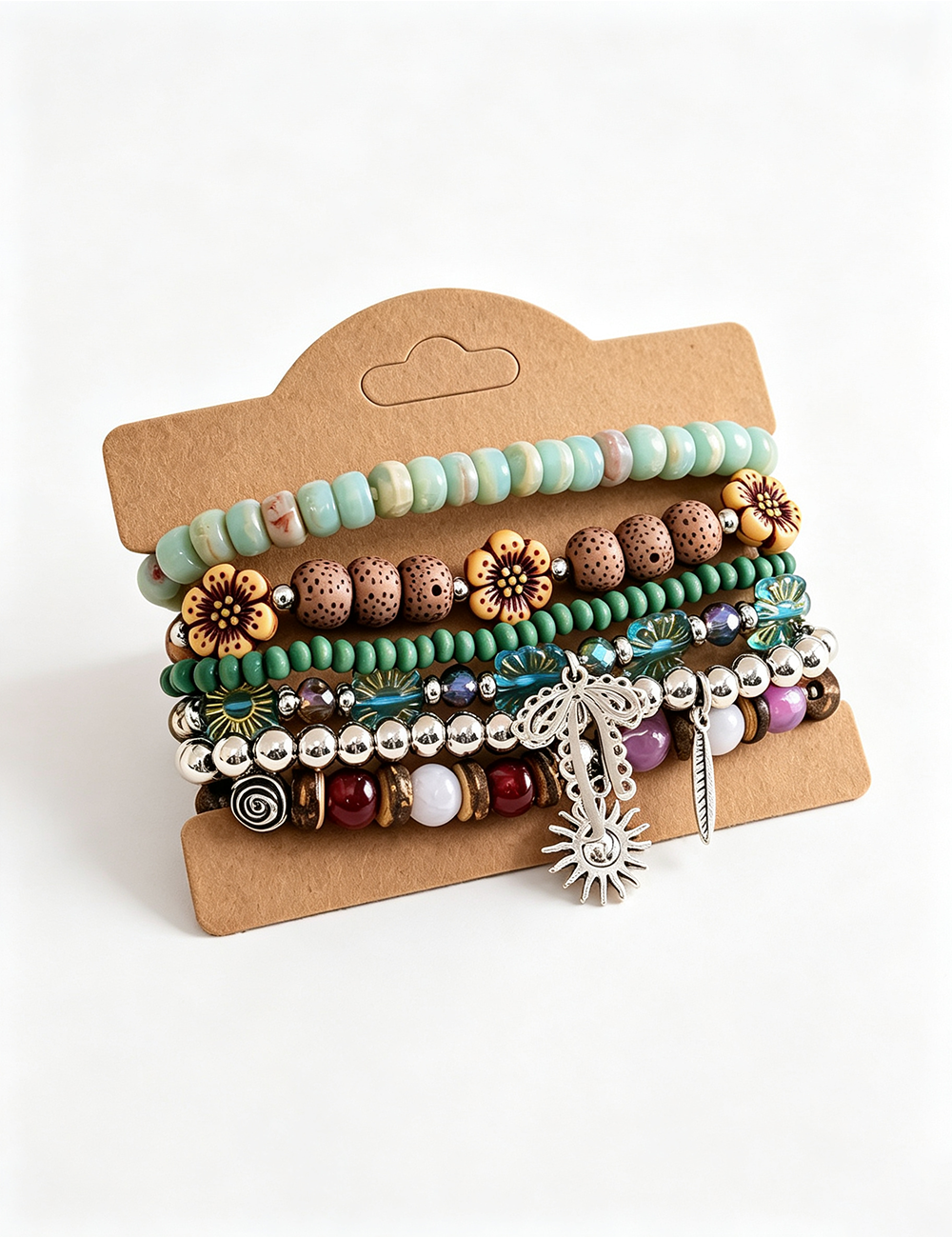 Ladies Beaded Charm Layered 5PCS Bracelet Set