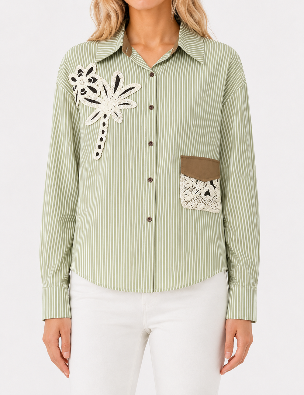 Ladies Striped Embroidery Floral Pocket Button-Down Shirt