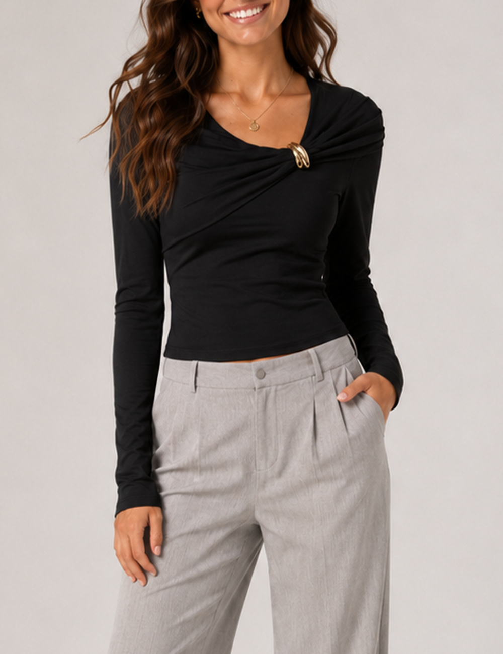 Ladies Elegant Solid Ruched Twist Front Long Sleeve Top