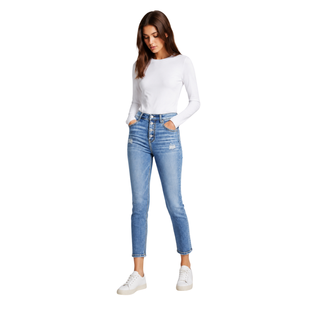 Women's High Waist Button Stretch Skinny Jeans