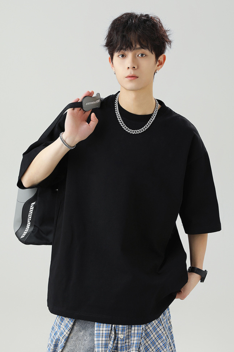 Men's Summer Japanese Loose Cotton Solid Crewneck Basics Tee