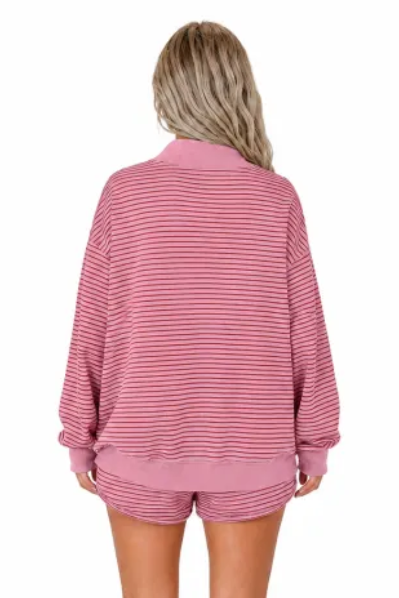 Women Fall Clothing Striped Mock Neck Sweatshirt Shorts Set