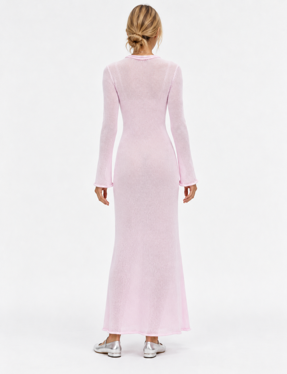 Ladies See Through Round Neck Long Sleeves Maxi Dress