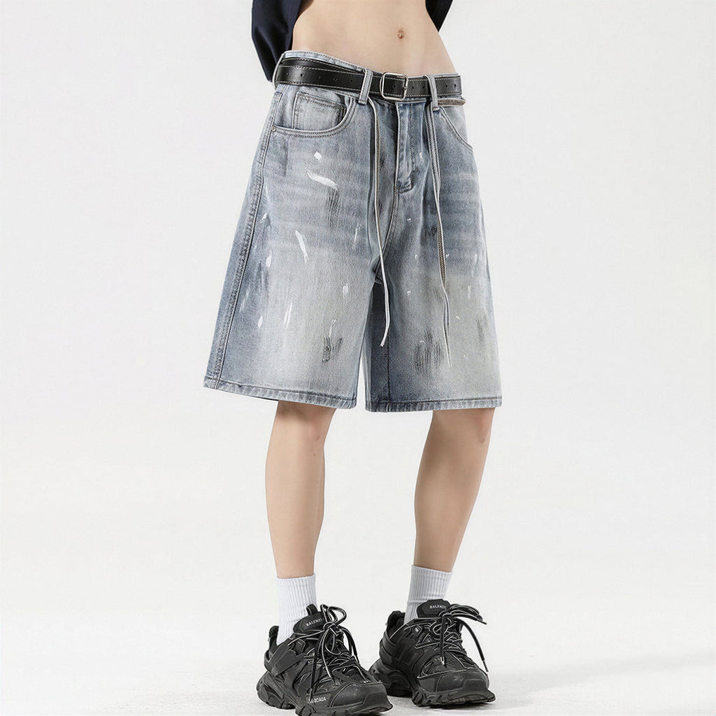 Men's Summer Light Wash Splash Ink Drawstring Denim Shorts