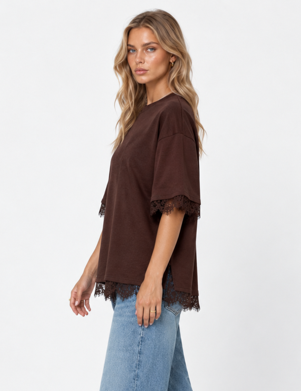 Ladies Lace Trim Split Back Solid Color Pullover T-Shirt