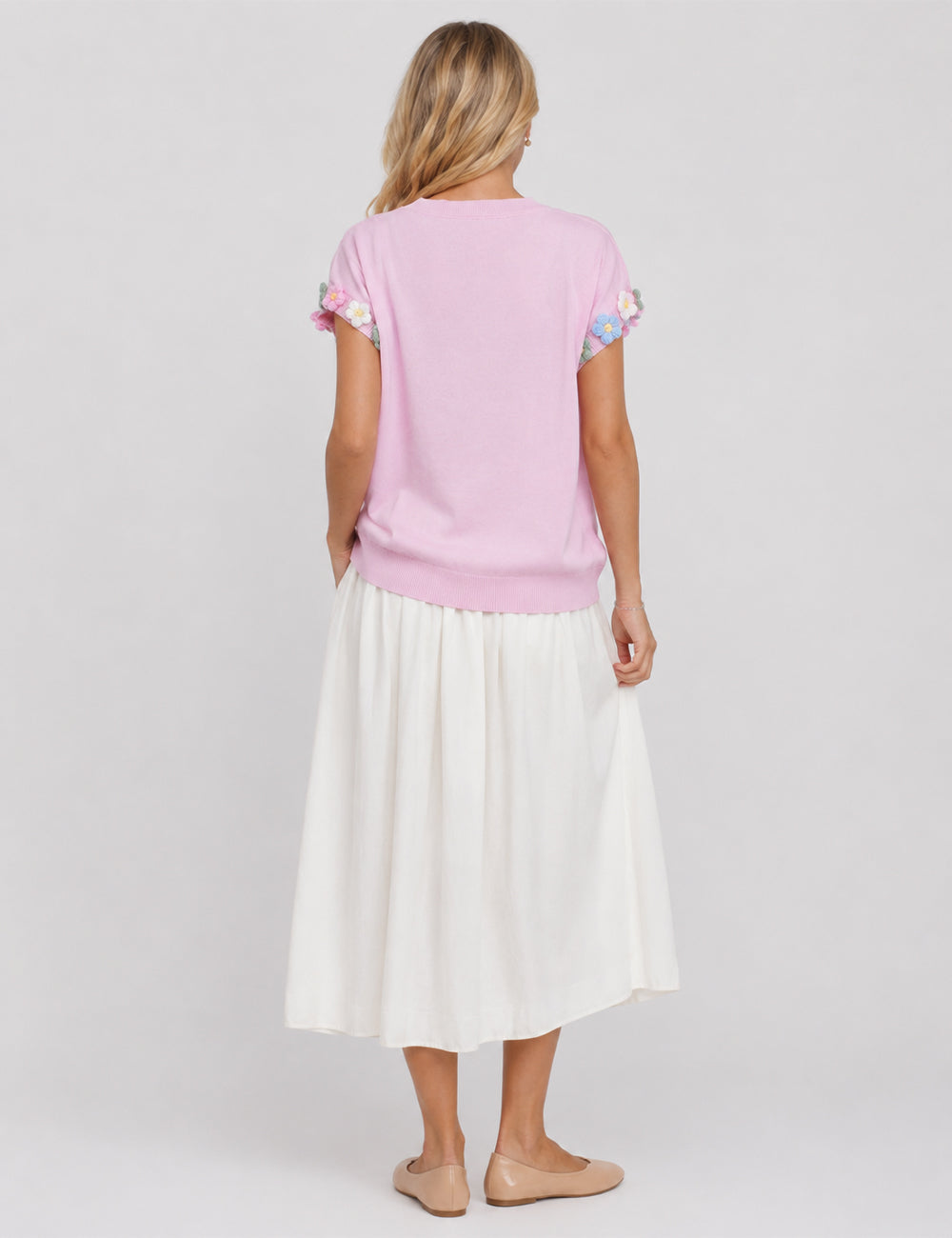 Ladies 3D Flower Pullover Short Sleeves Knit Top