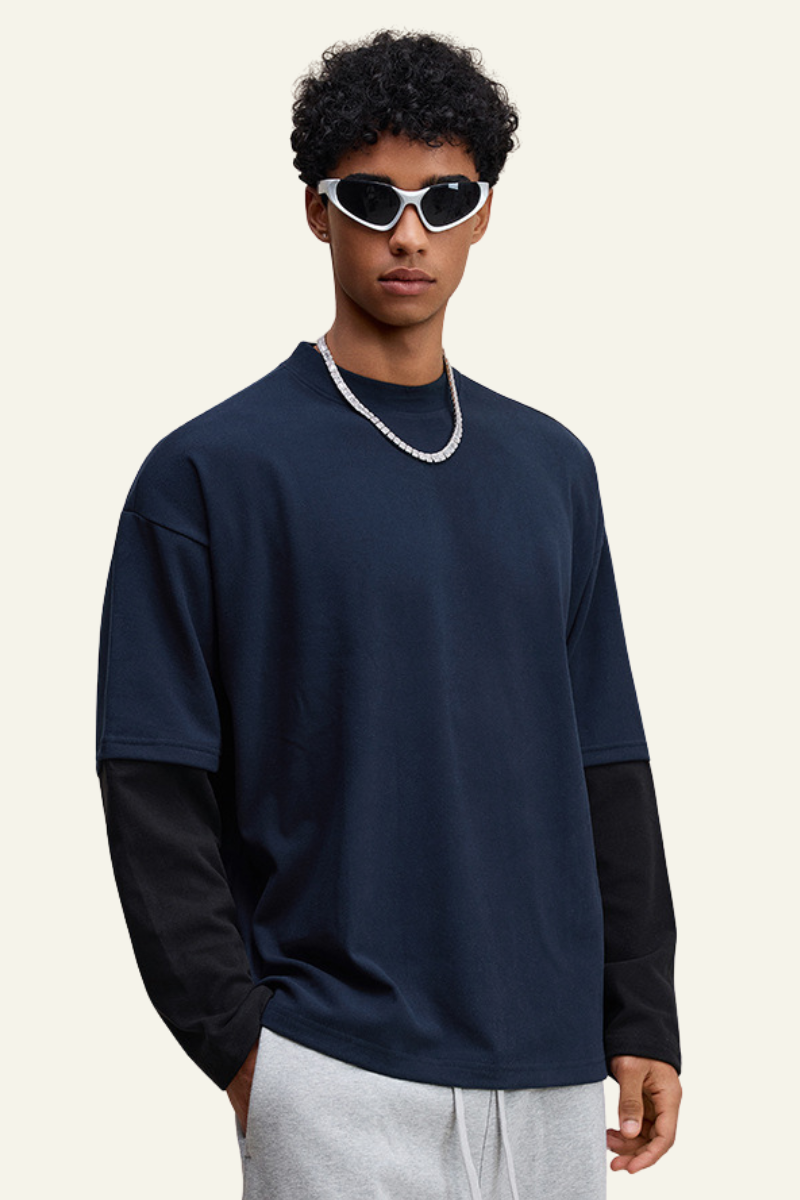 Men's Patchwork Faux-Two-Piece Long Sleeves Pullover Hoodie