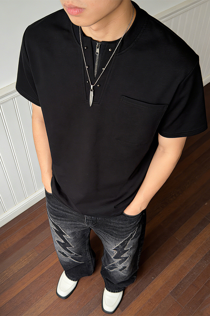 Men's Summer Cleanfit Zip Henley Button Solid Tee