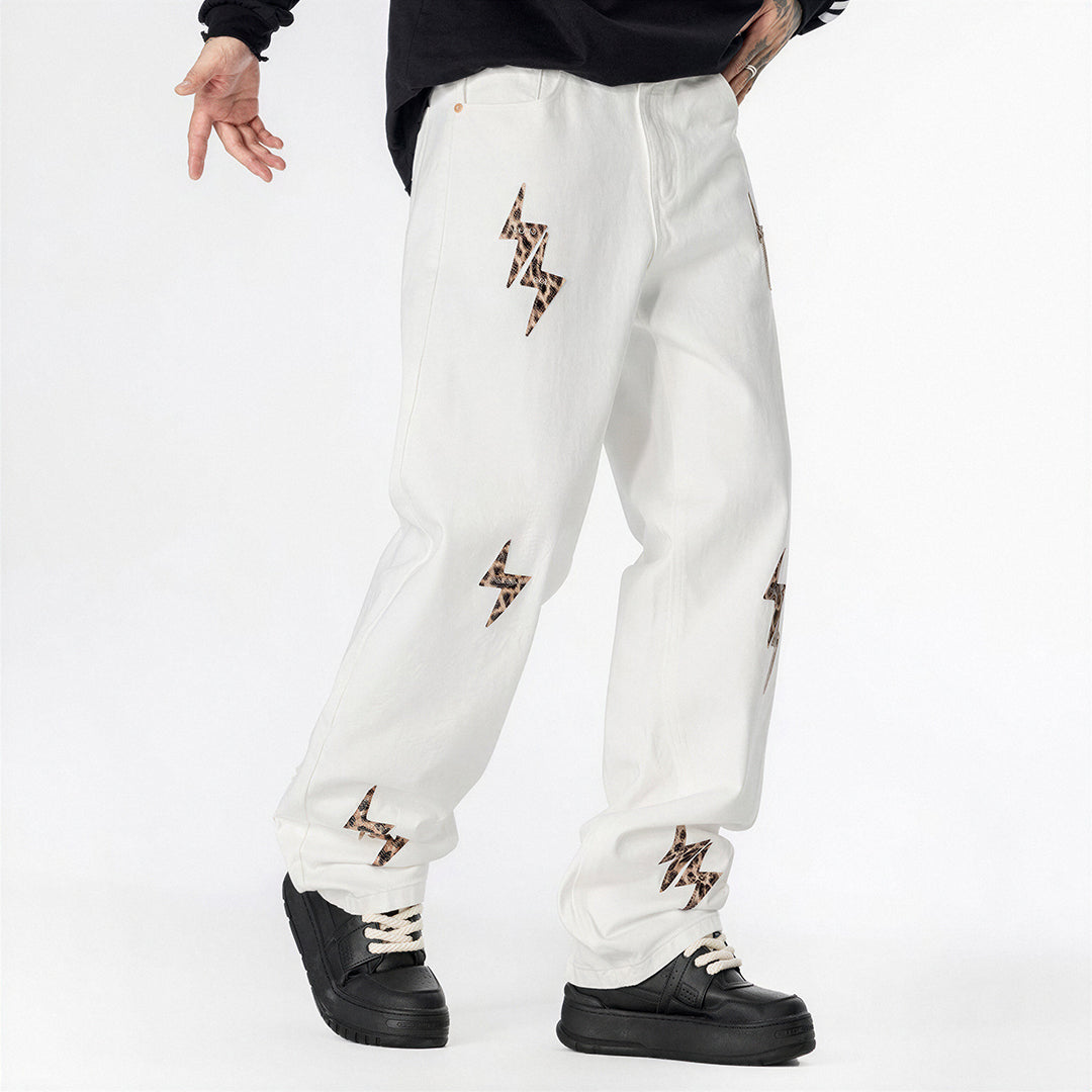 Men's Spring White Leopard Lightning Embroidery Jeans