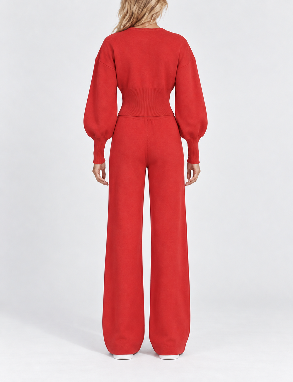 Ladies Zip-Up Solid Color Knit Top & Pants 2PCS Set