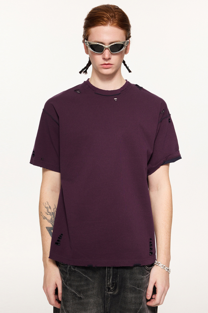 Men's Summer 240g Cotton Reversible Distressed Loose Tee