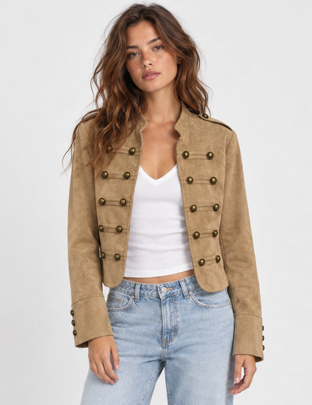 Ladies Faux Suede Stand Collar Frog Button Jacket