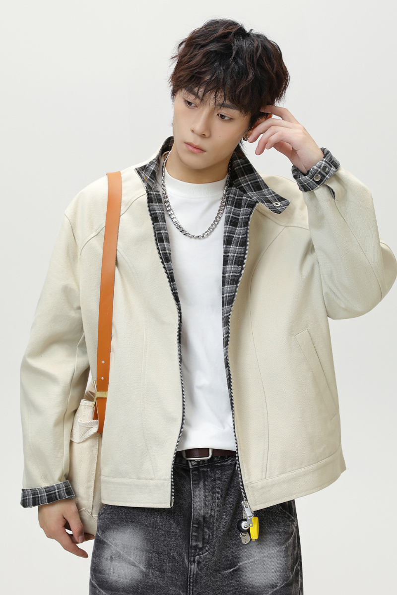 Men's Fall Clothing Plaid Harrington Patchwork Stand Boxy