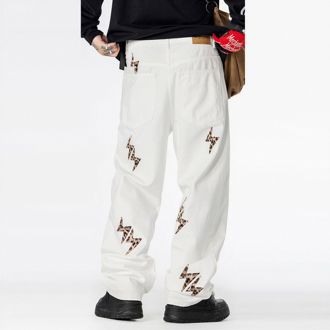 Men's Spring White Leopard Lightning Embroidery Jeans