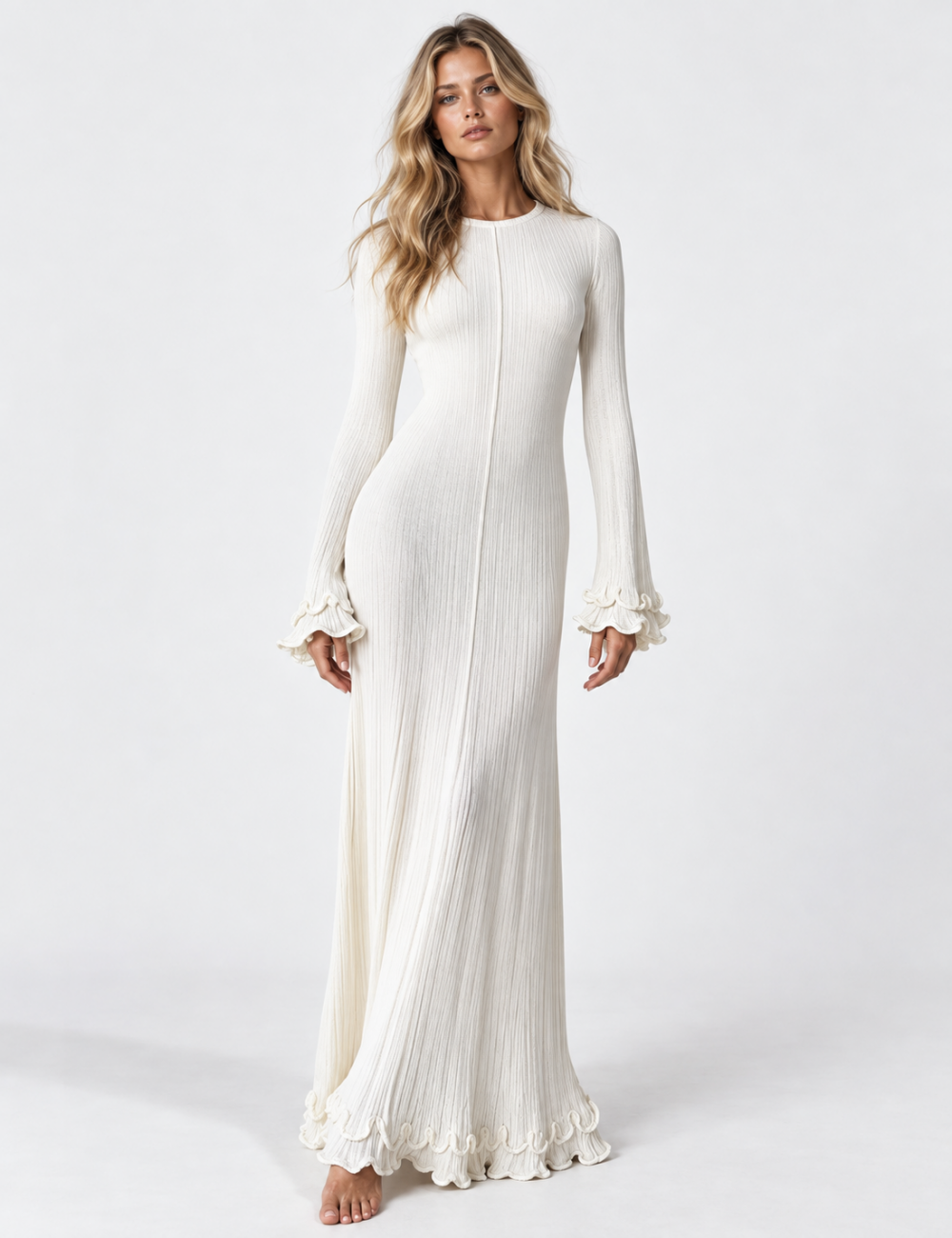 Ladies Round Neck Ruffle Flare Sleeves Ribbed Knit Maxi Dress