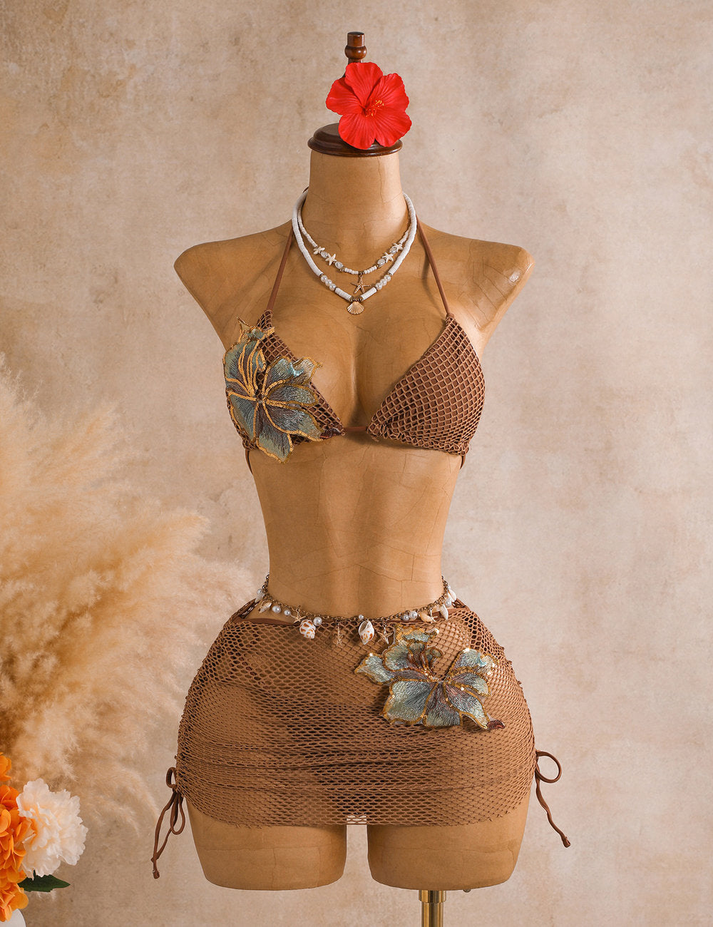 Ladies Halter Neck Floral Applique Bikini Swimwear 3PCS Set