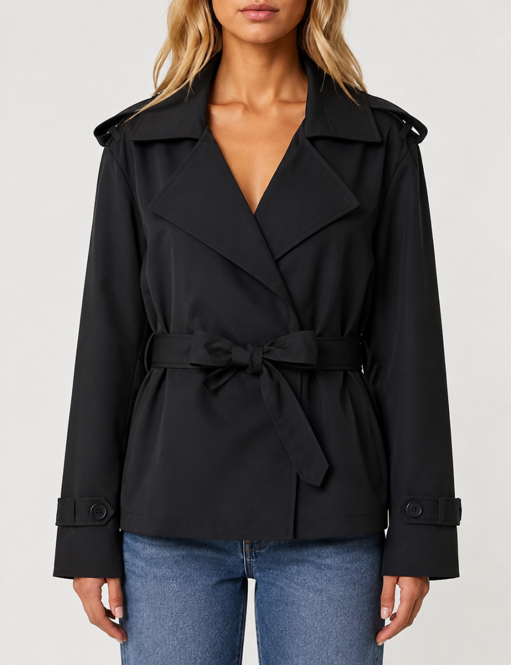 Ladies Lapel Collar Belted Short Trench Coat