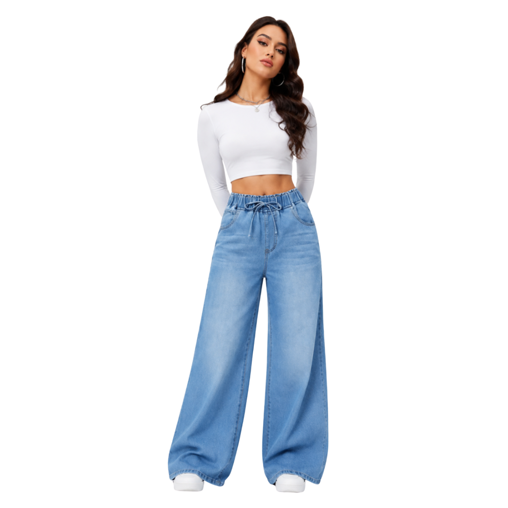 Women's Drawstring Elastic Waist Wide Leg Jeans