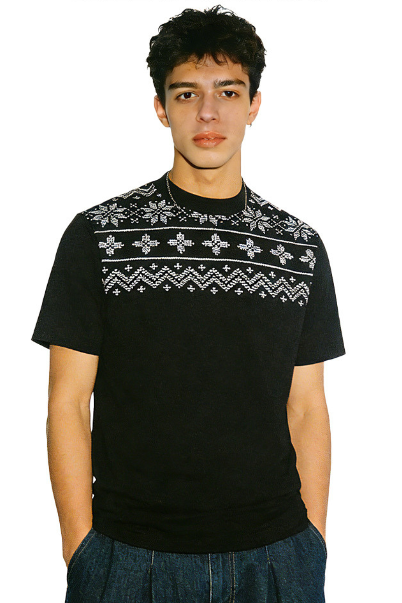 Men's Summer 320g Mock Neck Fair Isle Jacquard Vintage Tee