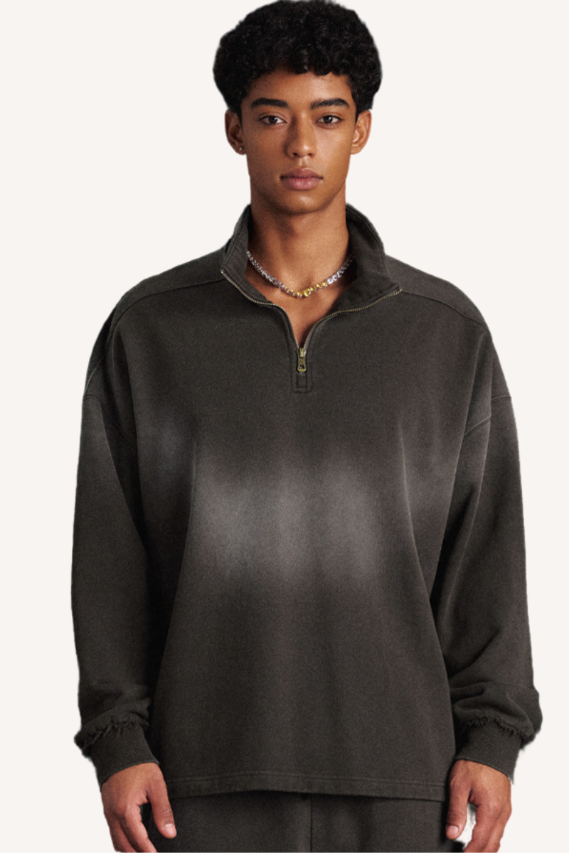 Men's Fall Clothing 465g Mock Neck Patch Raw Sweatshirt