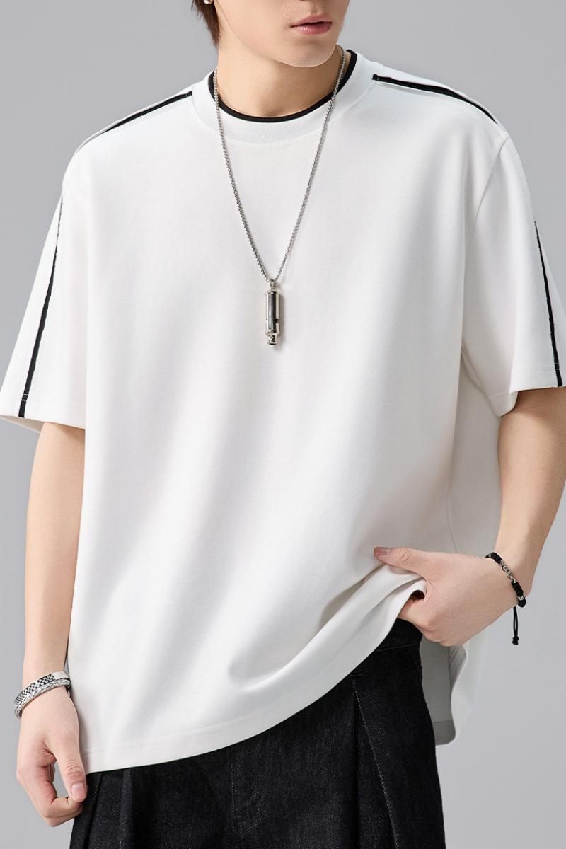 Men's Summer Loose Crewneck Drop Shoulder Side Webbing Tee