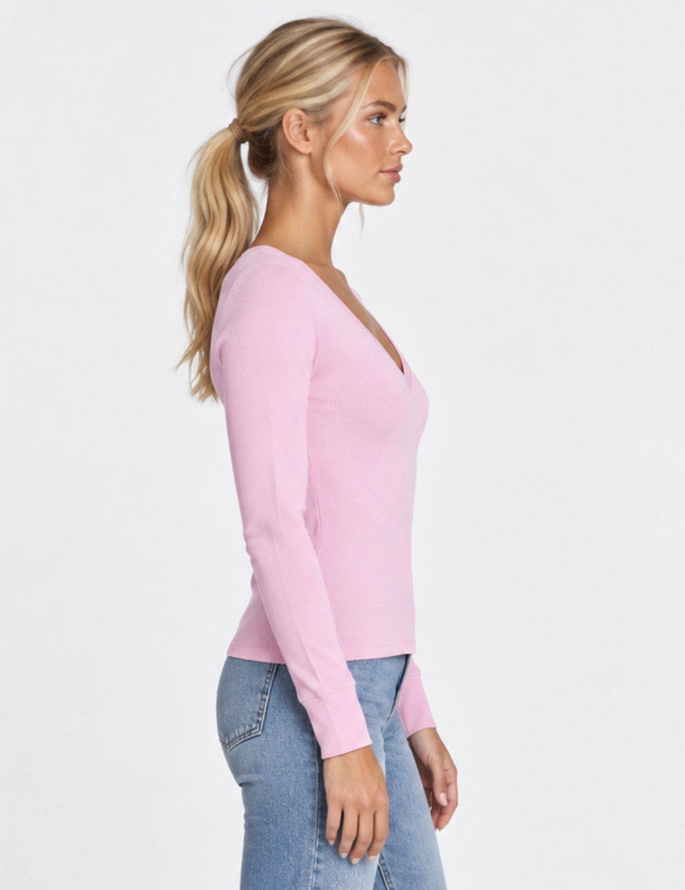 Ladies V-Neck Ribbed Knit Long Sleeves Top