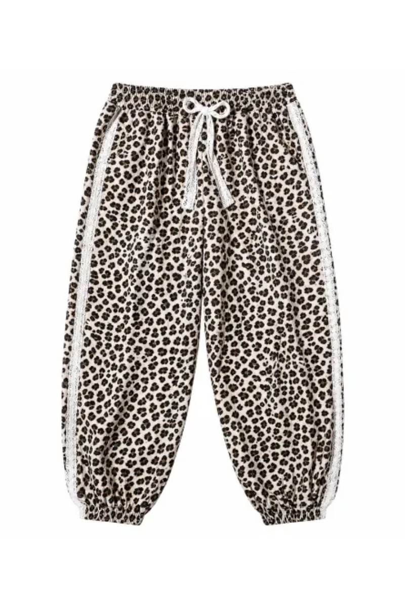 Women Spring Summer Leopard Print Lace Trim Jogger Pants