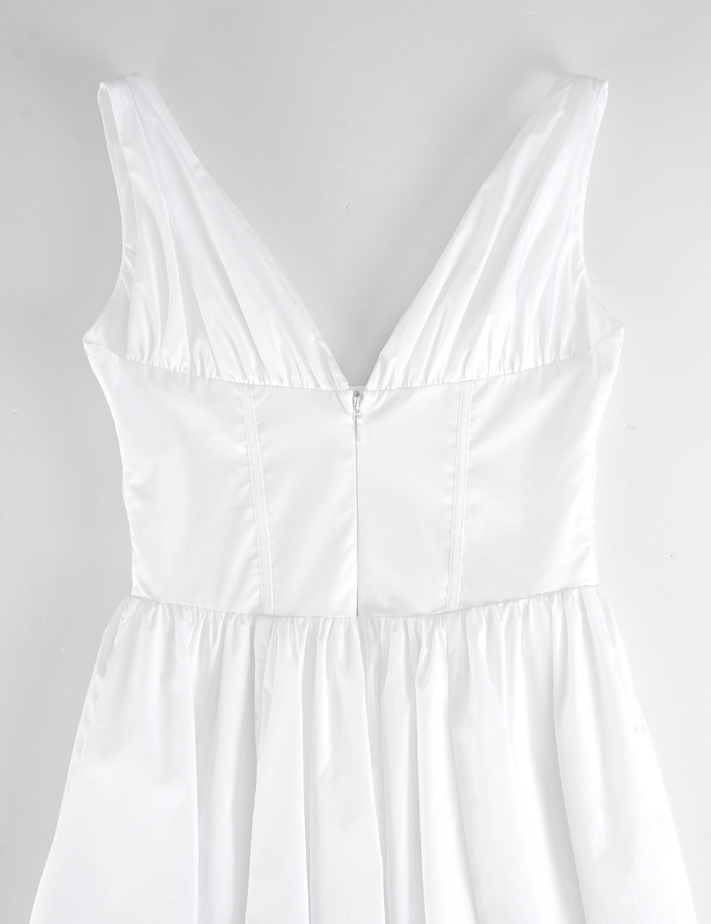 Ladies White Deep V Neck Ruched Bust Midi Dress