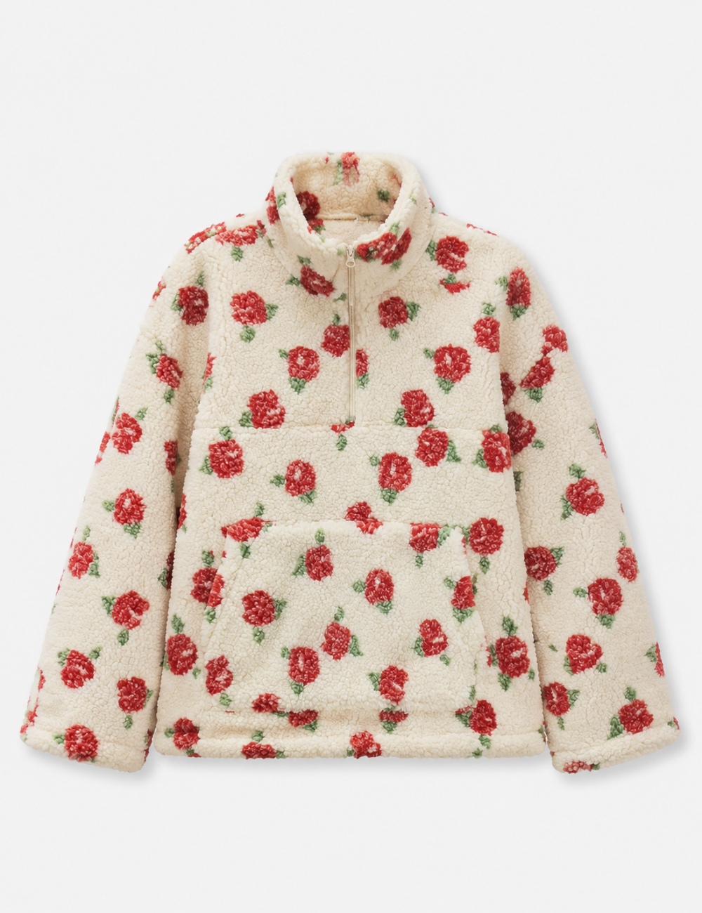Ladies Casual Floral Pattern Zipper Front Fleece Pullover Sweatshirt
