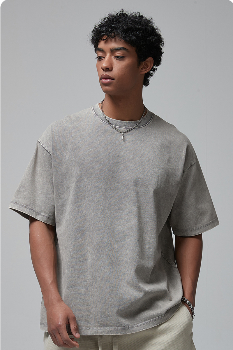 Men's Summer 275g Washed Batik Oversized Small Neck Tee