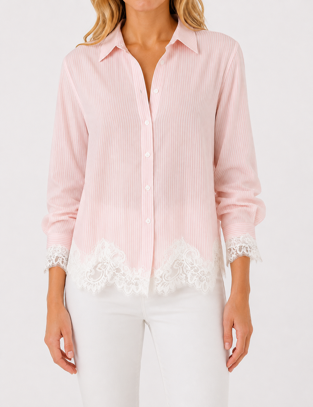 Ladies Striped Lace Hem Long Sleeves Button-Down Shirt